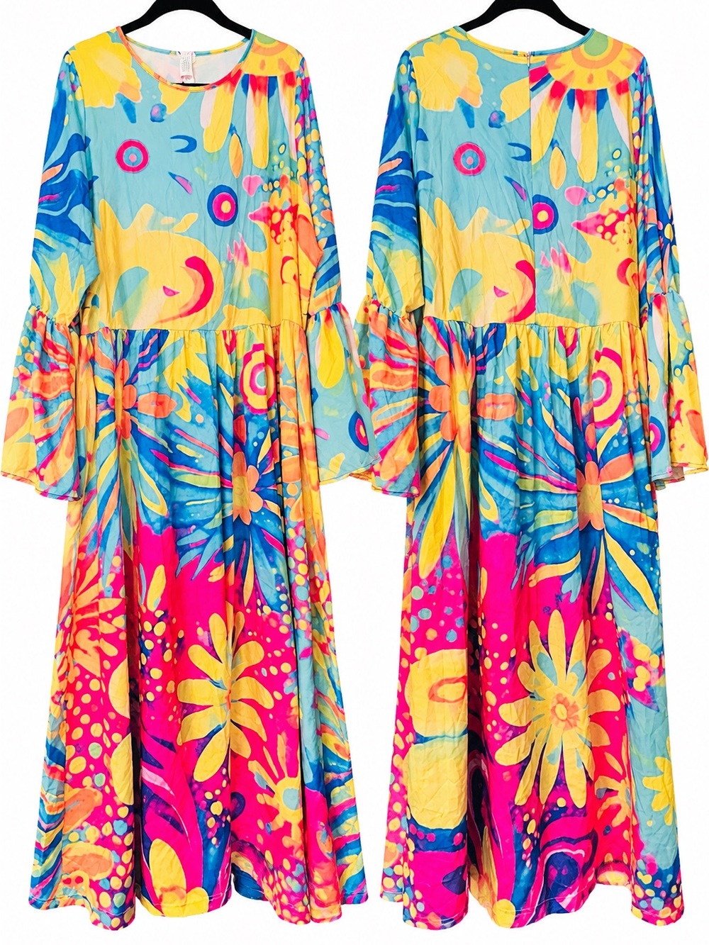 2XL Colorful Abstract Floral Bell Sleeve Midi Dress Back Zip
